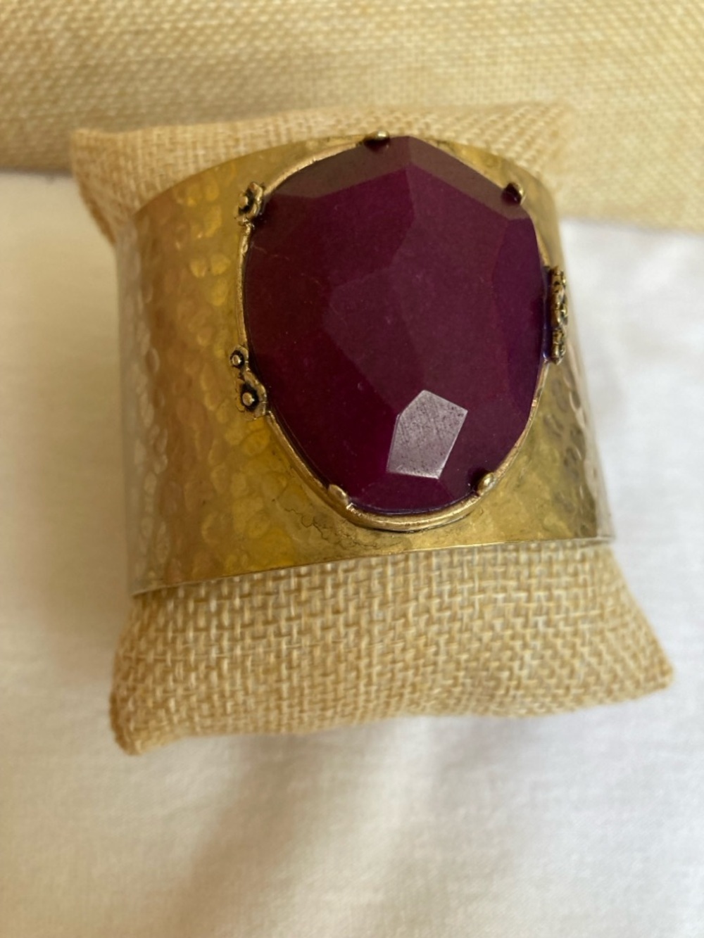 Hammered Chunky Cuff Bracelet with Large  Light Maroon Stone